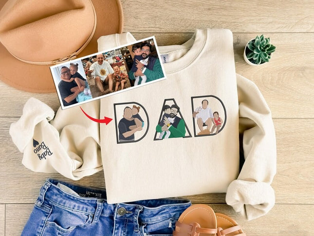 Embroidered Dad Sweatshirt with Kid Portrait, Personalised Father’s Day Gift from Kids, Custom Sketch Jumper, Photo Outline Dad Sweatshirt