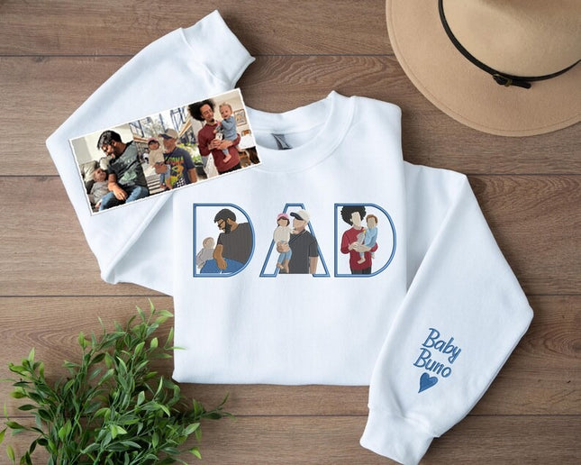 Embroidered Dad Sweatshirt with Kid Portrait, Personalised Father’s Day Gift from Kids, Custom Sketch Jumper, Photo Outline Dad Sweatshirt