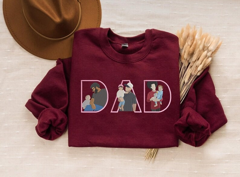 Embroidered Dad Sweatshirt with Kid Portrait, Personalised Father’s Day Gift from Kids, Custom Sketch Jumper, Photo Outline Dad Sweatshirt