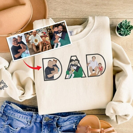 Embroidered Dad Sweatshirt with Kid Portrait, Personalised Father’s Day Gift from Kids, Custom Sketch Jumper, Photo Outline Dad Sweatshirt