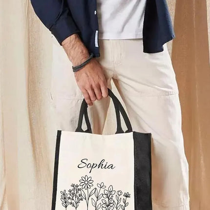 Personalised Floral Tote Bag, Custom Name Wildflowers Jute Tote Bag, Gift for Wife