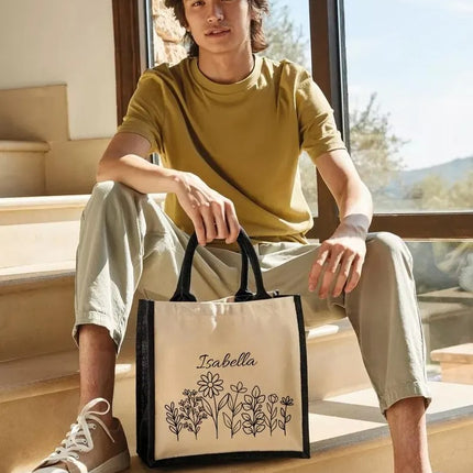 Personalised Floral Tote Bag, Custom Name Wildflowers Jute Tote Bag, Gift for Wife