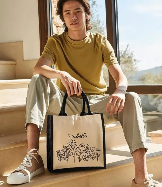Personalised Floral Tote Bag, Custom Name Wildflowers Jute Tote Bag, Gift for Wife