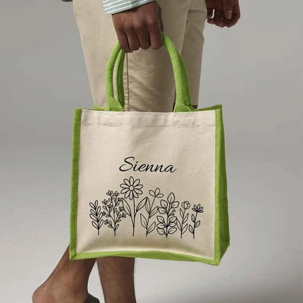 Personalised Floral Tote Bag, Custom Name Wildflowers Jute Tote Bag, Gift for Wife