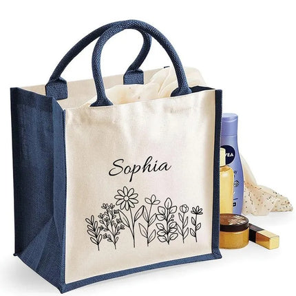 Personalised Floral Tote Bag, Custom Name Wildflowers Jute Tote Bag, Gift for Wife