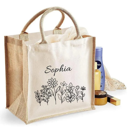 Personalised Floral Tote Bag, Custom Name Wildflowers Jute Tote Bag, Gift for Wife