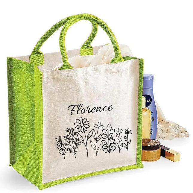 Personalised Floral Tote Bag, Custom Name Wildflowers Jute Tote Bag, Gift for Wife