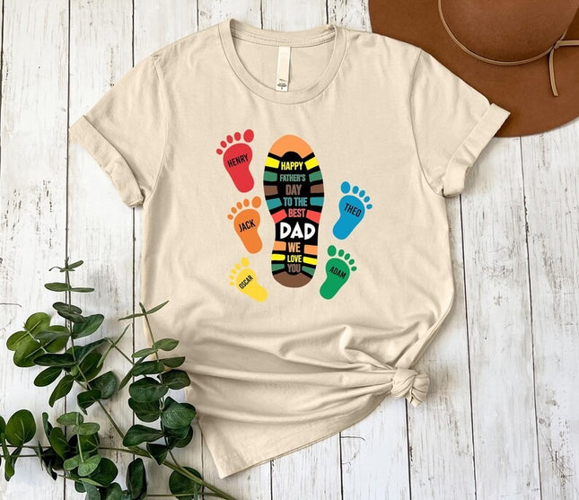 Personalised Dad and Kids Footprints Shirt, Custom Kids Name Printed Shirt, Family Matching Tee, Dad Birthday Gift, Fathers Day Gift for Him