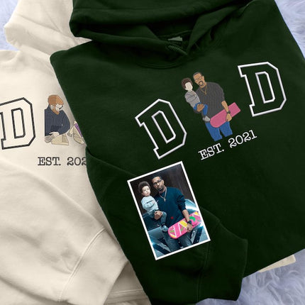 Personalised Dad Photo Portrait Hoodie, Embroidered Sketch Hoodie, Gifts for Dad