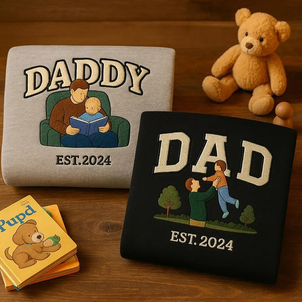 Custom Embroidered Dad Sweatshirt with Photo, Daddy and Me Photo Sketch Sweater, Personalised Fathers Day Matching Jumpers, Best Dad Gifts
