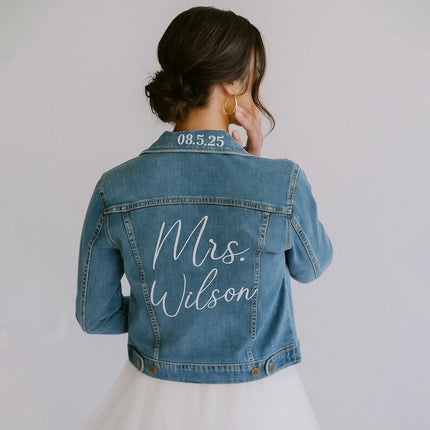 Custom Embroidered Bride Denim Jackets, Personalised Bride Name & Date Jacket