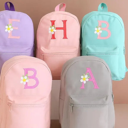 Custom Embroidered Kids Backpack, Personalised Floral Initial School Bag, Kids Gift