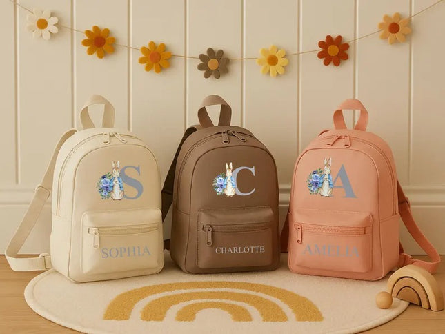 Personalised Kids Name Backpack – Custom Bunny Initial School Bag, Gift for Daughter