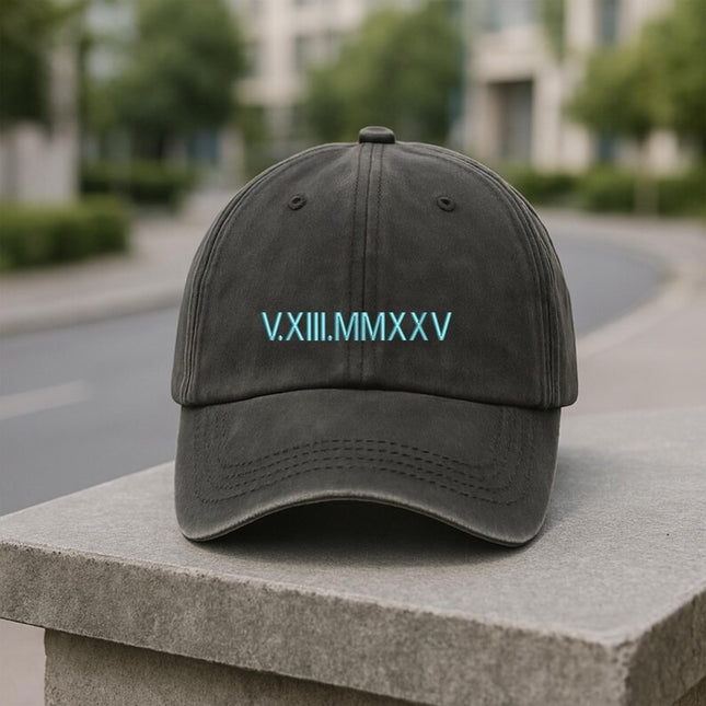 Embroidered Roman Numeral Date Hat–Custom Anniversary Date Baseball Cap, Gift for Him