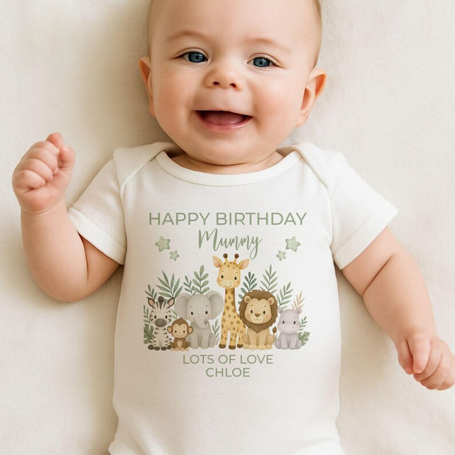 Happy Birthday Mummy Safari Baby Outfit – Personalized 1st Birthday Printed Bodysuit