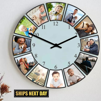 Personalised Photo Collage Wall Clock, Custom Pictures Glass Wall Clock, Family Photos Clock for Living Room Decor, Anniversary Gift for Him