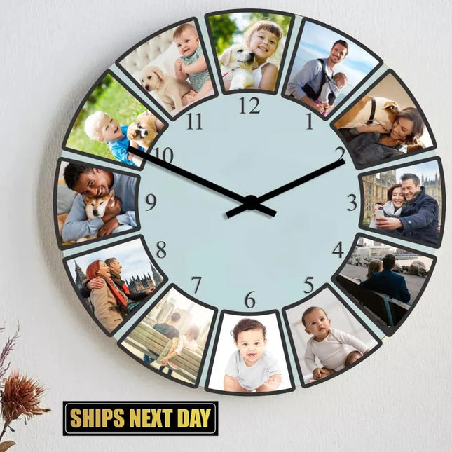 Personalised Photo Collage Wall Clock, Custom Pictures Glass Wall Clock, Family Photos Clock for Living Room Decor, Anniversary Gift for Him