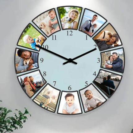 Personalised Photo Collage Wall Clock, Custom Pictures Glass Wall Clock, Family Photos Clock for Living Room Decor, Anniversary Gift for Him