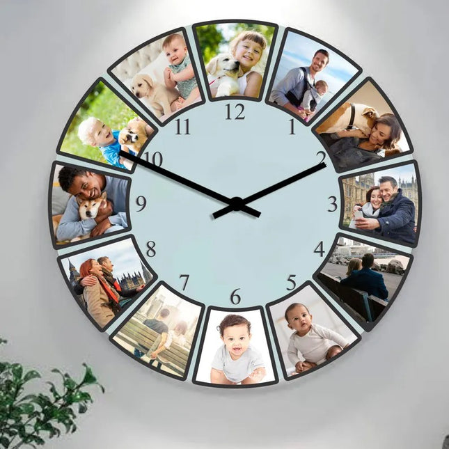 Personalised Photo Collage Wall Clock, Custom Pictures Glass Wall Clock, Family Photos Clock for Living Room Decor, Anniversary Gift for Him