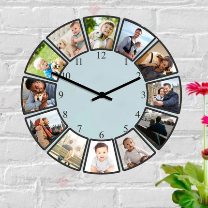 Personalised Photo Collage Wall Clock, Custom Pictures Glass Wall Clock, Family Photos Clock for Living Room Decor, Anniversary Gift for Him