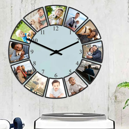 Personalised Photo Collage Wall Clock, Custom Pictures Glass Wall Clock, Family Photos Clock for Living Room Decor, Anniversary Gift for Him