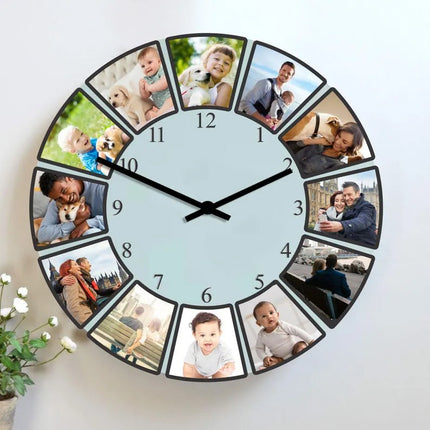 Personalised Photo Collage Wall Clock, Custom Pictures Glass Wall Clock, Family Photos Clock for Living Room Decor, Anniversary Gift for Him