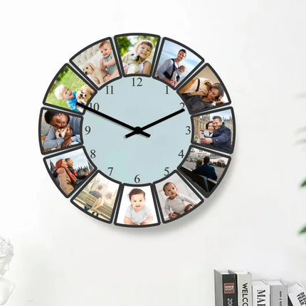 Personalised Photo Collage Wall Clock, Custom Pictures Glass Wall Clock, Family Photos Clock for Living Room Decor, Anniversary Gift for Him