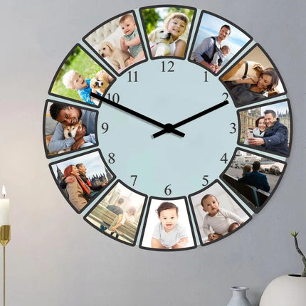 Personalised Photo Collage Wall Clock, Custom Pictures Glass Wall Clock, Family Photos Clock for Living Room Decor, Anniversary Gift for Him