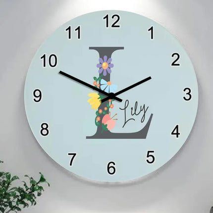 Custom Floral Initial Wall Clock – Personalised Kids Name and Initial Nursery Wall Clock