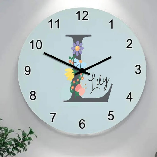 Custom Floral Initial Wall Clock – Personalised Kids Name and Initial Nursery Wall Clock