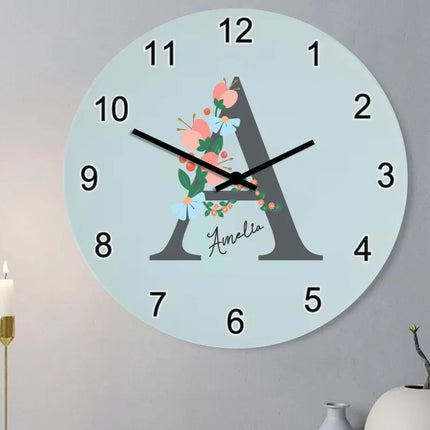 Custom Floral Initial Wall Clock – Personalised Kids Name and Initial Nursery Wall Clock