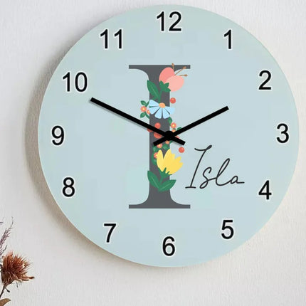 Custom Floral Initial Wall Clock – Personalised Kids Name and Initial Nursery Wall Clock