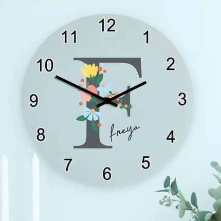 Custom Floral Initial Wall Clock – Personalised Kids Name and Initial Nursery Wall Clock