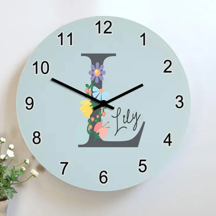 Custom Floral Initial Wall Clock – Personalised Kids Name and Initial Nursery Wall Clock
