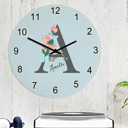 Custom Floral Initial Wall Clock – Personalised Kids Name and Initial Nursery Wall Clock