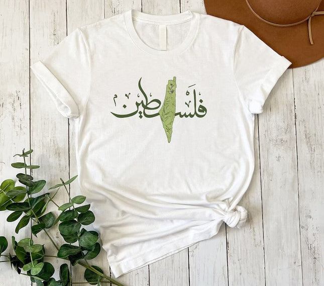 Palestine Arabic Calligraphy Printed Shirt, Map & Olive Design Crewnecks