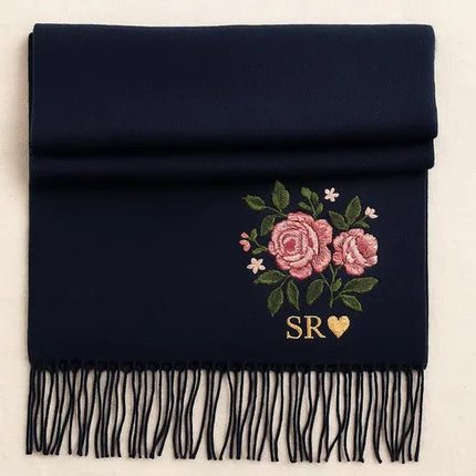 Embroidered Rose Flowers Scarves, Personalised Name or Initials Woven Scarf, Oversized Winter Scarf with Tessels, Engagement Gifts for Wifey