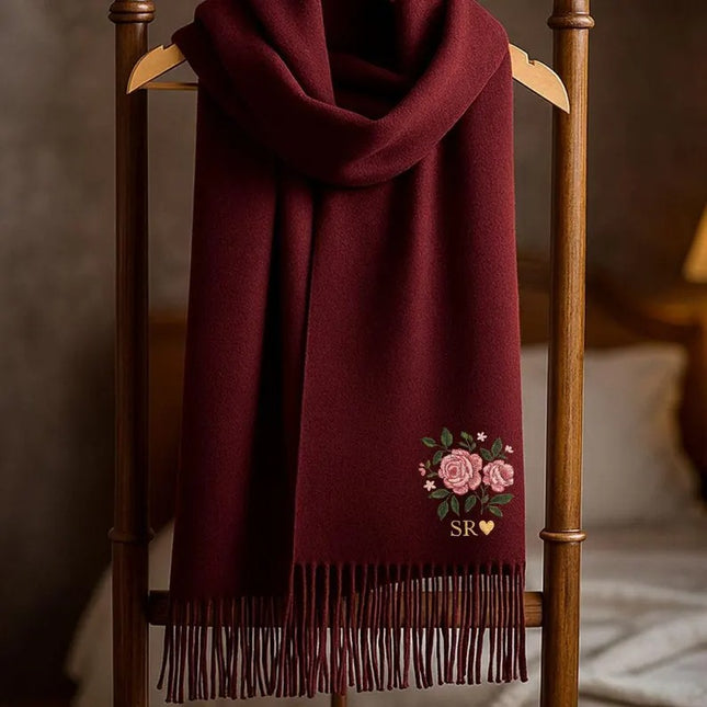Embroidered Rose Flowers Scarves, Personalised Name or Initials Woven Scarf, Oversized Winter Scarf with Tessels, Engagement Gifts for Wifey