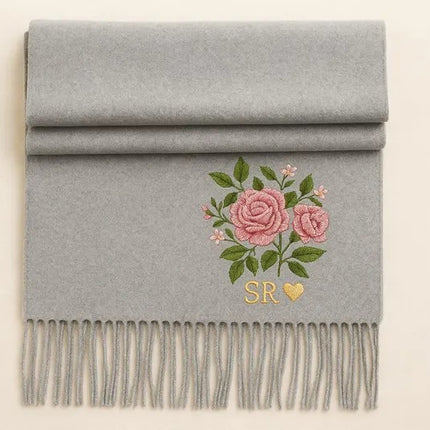 Embroidered Rose Flowers Scarves, Personalised Name or Initials Woven Scarf, Oversized Winter Scarf with Tessels, Engagement Gifts for Wifey