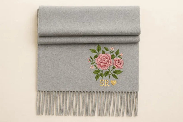 Embroidered Rose Flowers Scarves, Personalised Name or Initials Woven Scarf, Oversized Winter Scarf with Tessels, Engagement Gifts for Wifey
