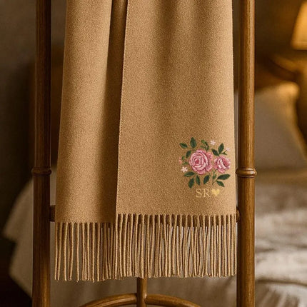 Embroidered Rose Flowers Scarves, Personalised Name or Initials Woven Scarf, Oversized Winter Scarf with Tessels, Engagement Gifts for Wifey