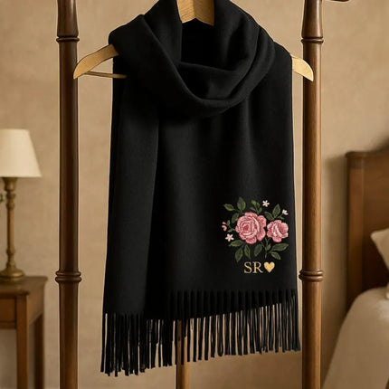 Embroidered Rose Flowers Scarves, Personalised Name or Initials Woven Scarf, Oversized Winter Scarf with Tessels, Engagement Gifts for Wifey