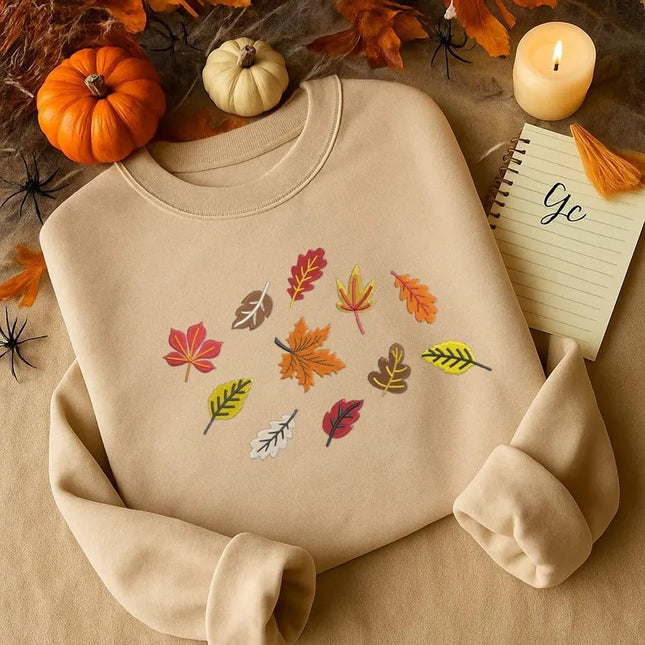 Embroidered Fall Leaves Sweatshirts, Autumn Crewneck for Her or Him, Cozy Thanksgiving & Halloween Gifts, Autumn Fall Birthday Gifts for Her