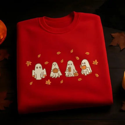 Spooky Fall Embroidered Sweatshirt, Halloween Ghost Fall Leaves Crewnecks, Ghost Pumpkin Jumper, Autumn Aesthetic Sweater, Halloween Outfits