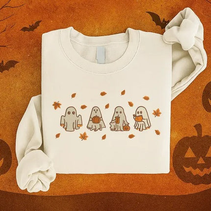 Spooky Fall Embroidered Sweatshirt, Halloween Ghost Fall Leaves Crewnecks, Ghost Pumpkin Jumper, Autumn Aesthetic Sweater, Halloween Outfits