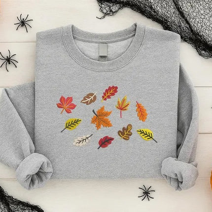 Embroidered Fall Leaves Sweatshirts, Autumn Crewneck for Her or Him, Cozy Thanksgiving & Halloween Gifts, Autumn Fall Birthday Gifts for Her