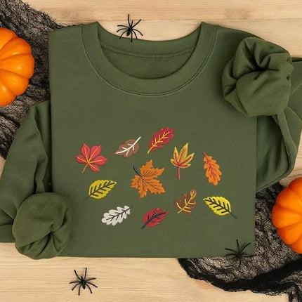 Embroidered Fall Leaves Sweatshirts, Autumn Crewneck for Her or Him, Cozy Thanksgiving & Halloween Gifts, Autumn Fall Birthday Gifts for Her