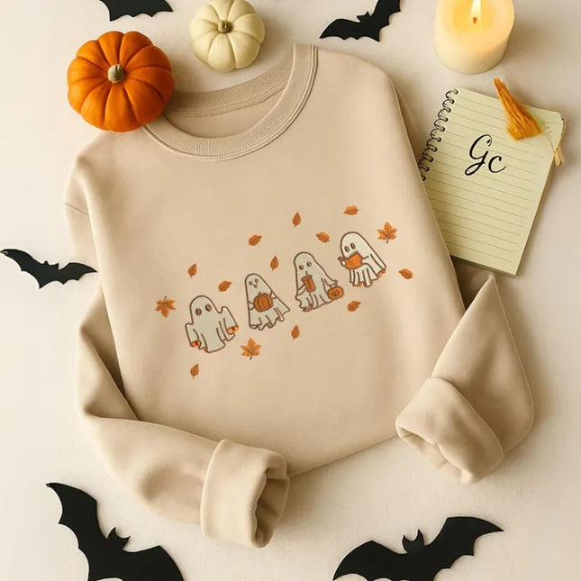 Spooky Fall Embroidered Sweatshirt, Halloween Ghost Fall Leaves Crewnecks, Ghost Pumpkin Jumper, Autumn Aesthetic Sweater, Halloween Outfits