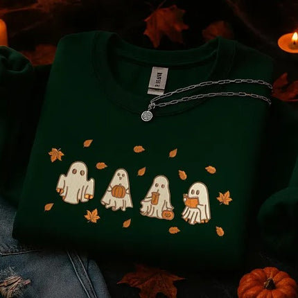 Spooky Fall Embroidered Sweatshirt, Halloween Ghost Fall Leaves Crewnecks, Ghost Pumpkin Jumper, Autumn Aesthetic Sweater, Halloween Outfits