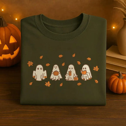 Spooky Fall Embroidered Sweatshirt, Halloween Ghost Fall Leaves Crewnecks, Ghost Pumpkin Jumper, Autumn Aesthetic Sweater, Halloween Outfits